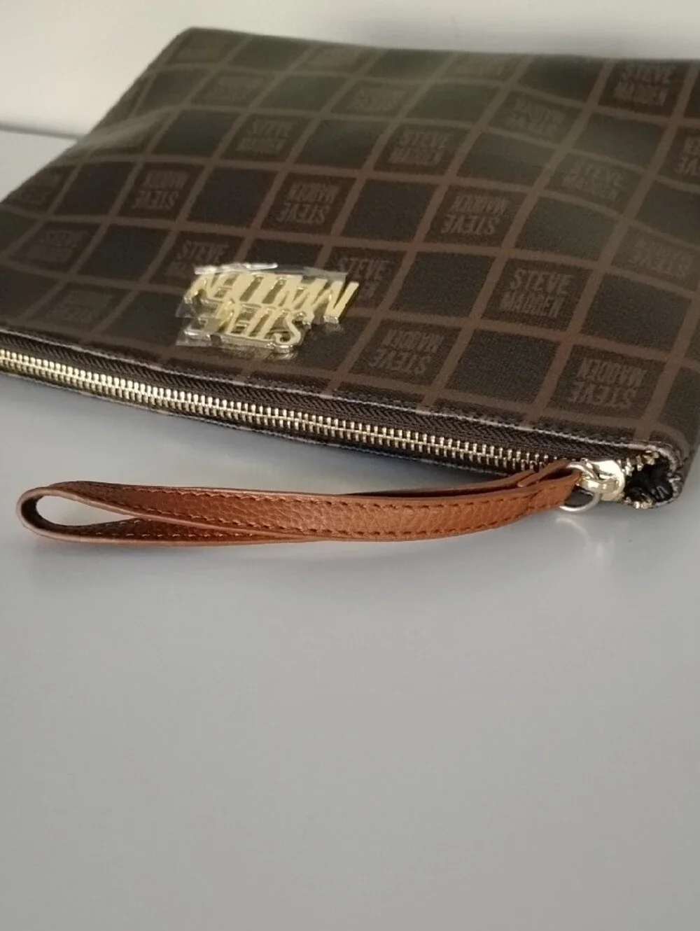 Steve Madden Brown Logo Toiletry Pouch with Wrist Strap